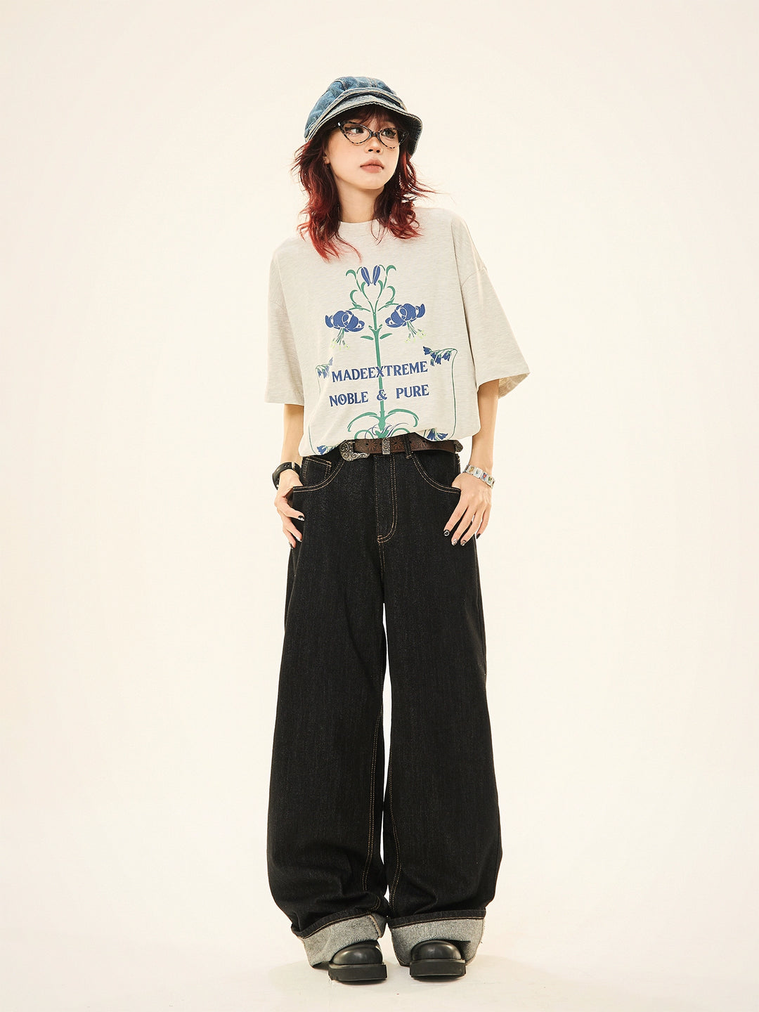 Rolled Cuffs Wide-Leg Denim Pants