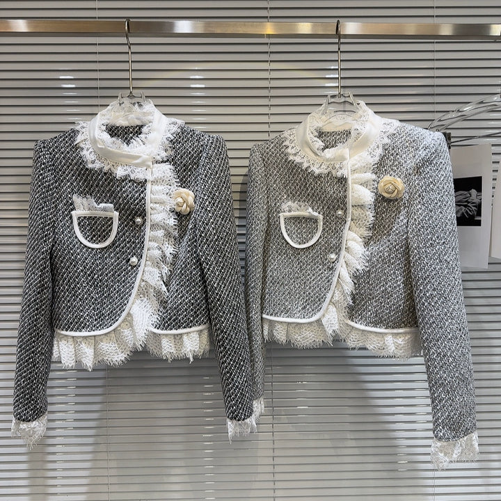 Lace Trim Tweed Frayed Edge Short Coat