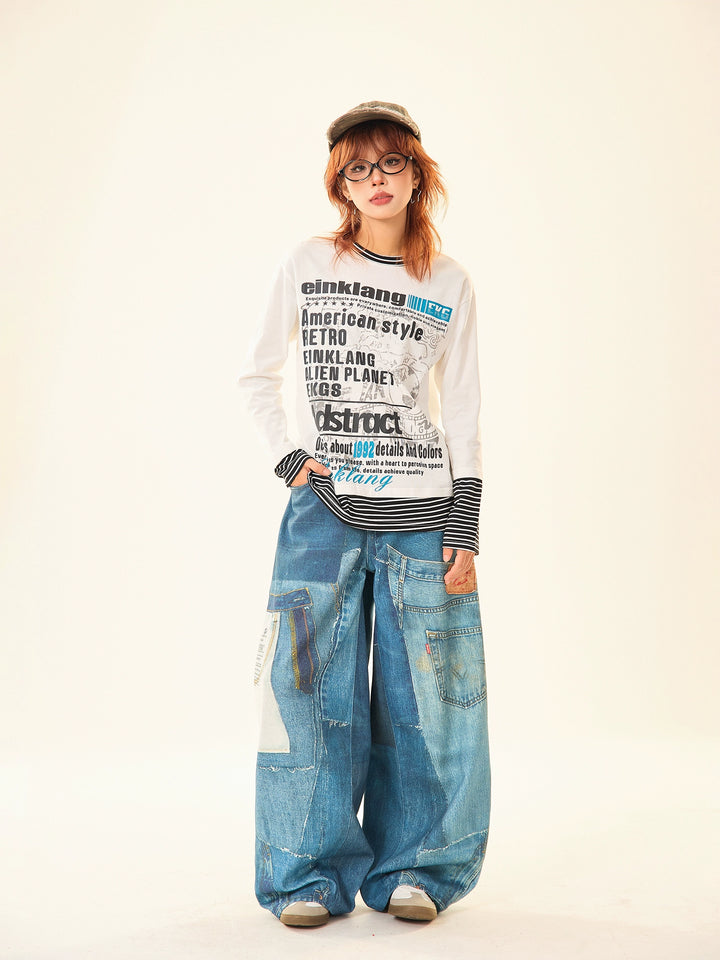 Wide-Leg Patchwork Denim Pants