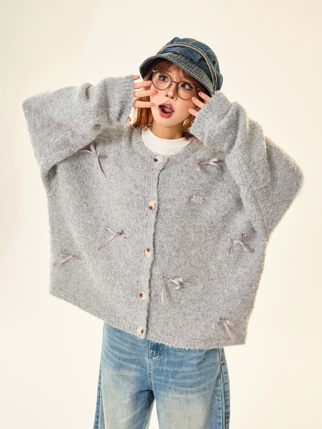 Bow Decoration Button-Up Knit Sweater