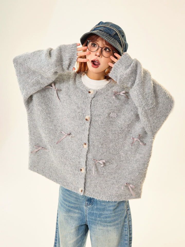 Bow Decoration Button-Up Knit Sweater