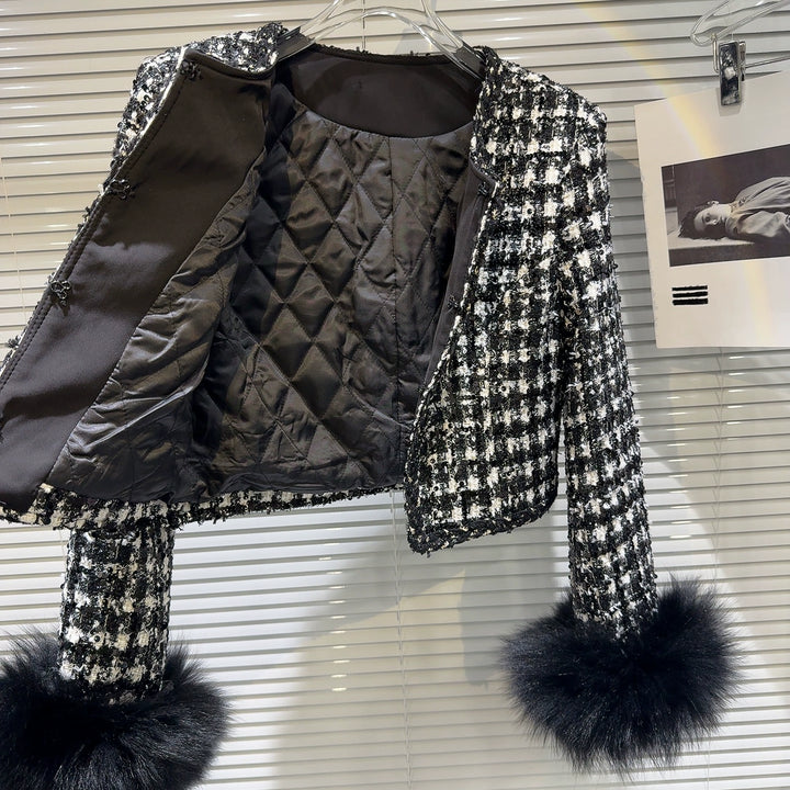 Faux Fur Cuffs Tweed Short Coat