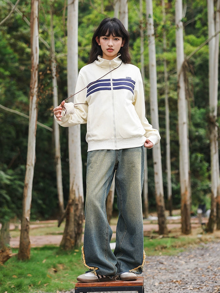 Casual Striped Zip-Up Short Coat