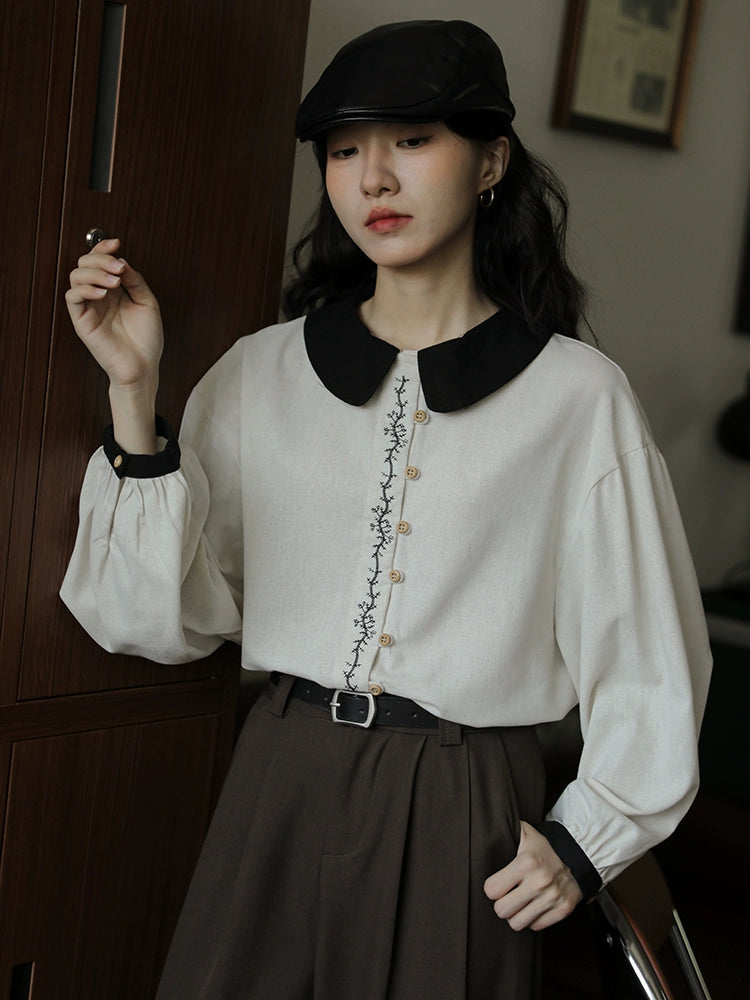 Contrast Collar Embroidered Button Shirt