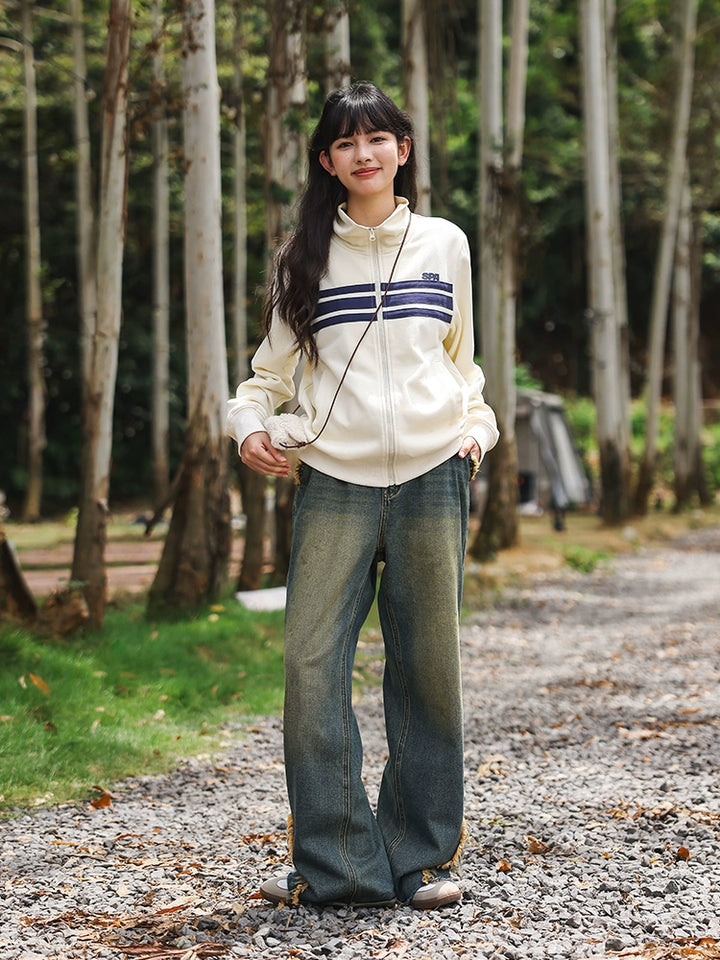 Casual Striped Zip-Up Short Coat