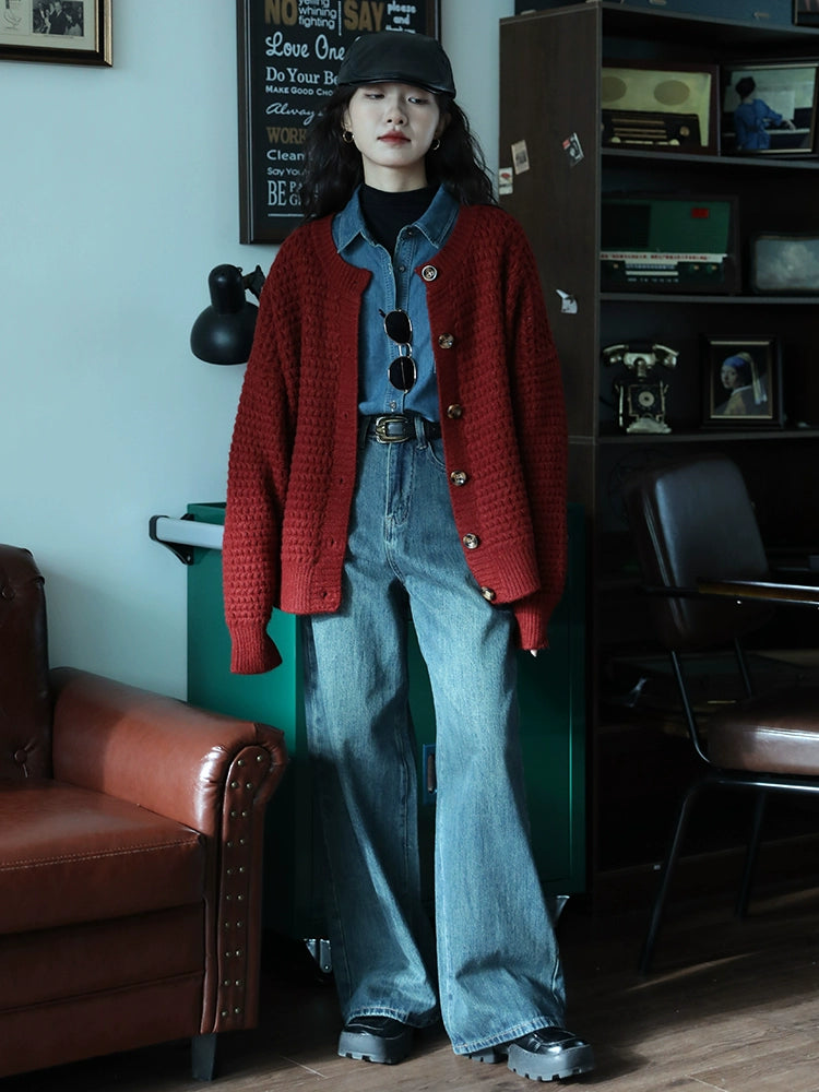 Button Front Chunky Knit Wool Sweater