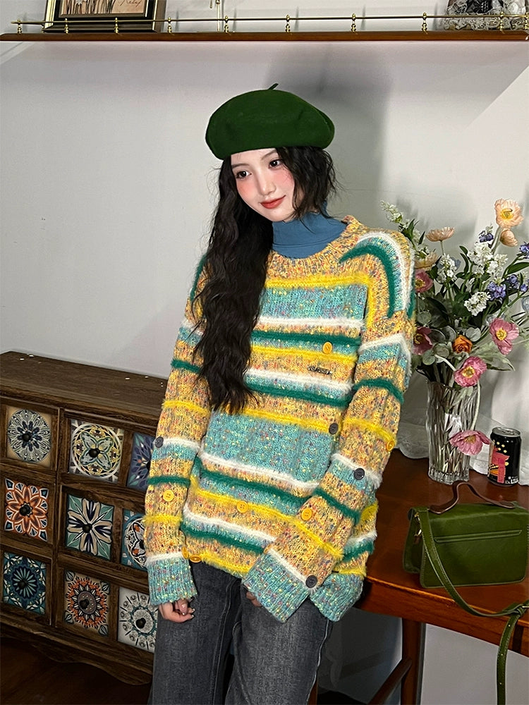 Button Accents Striped Wool Sweater