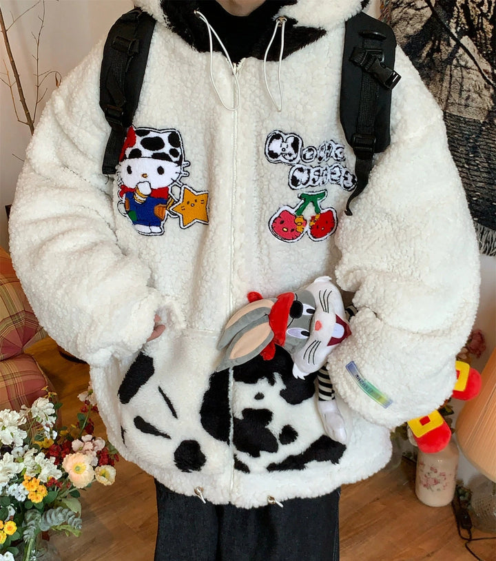 Cartoon Patch Zipper Fleece Jacket