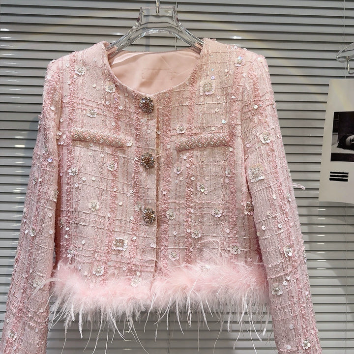 Embellished Feather Trim Short Coat