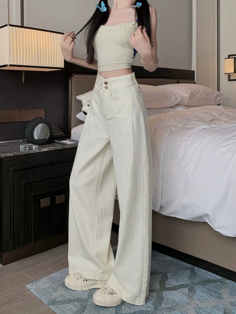 Button Closure Wide-Leg Denim Pants