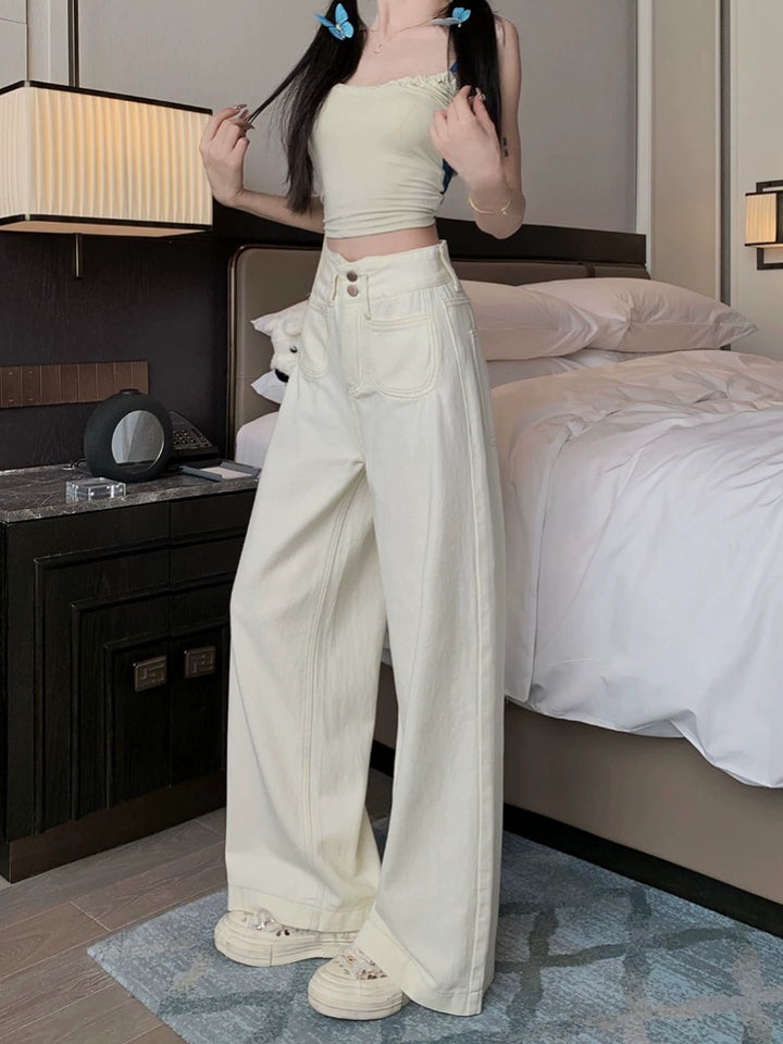 Button Closure Wide-Leg Denim Pants