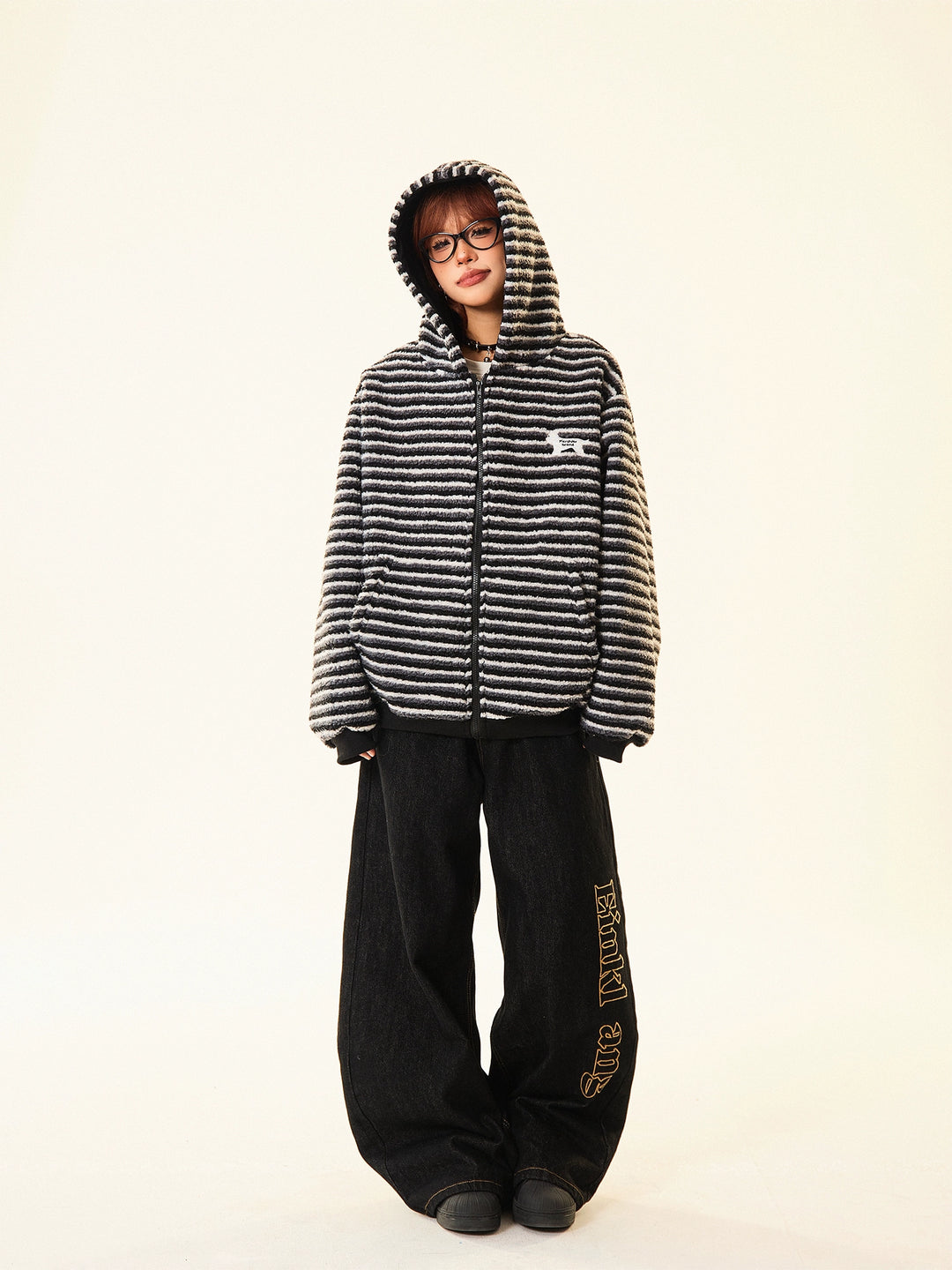 Graphic Hooded Striped Short Coat