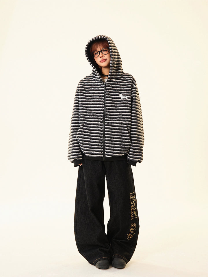 Graphic Hooded Striped Short Coat