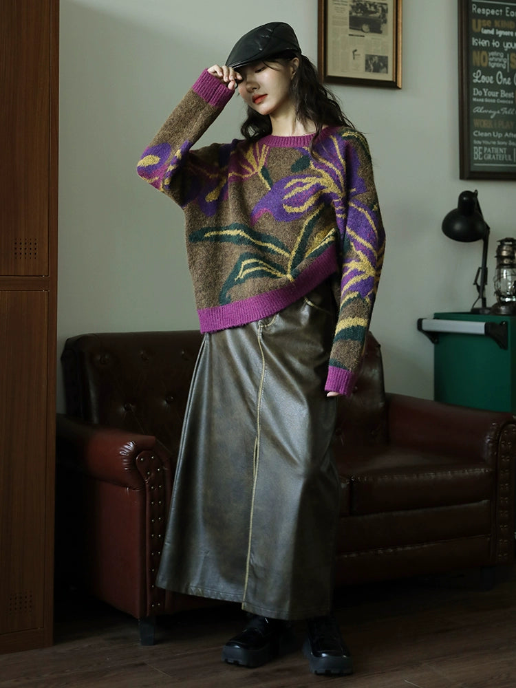 Floral Pattern Knit Sweater