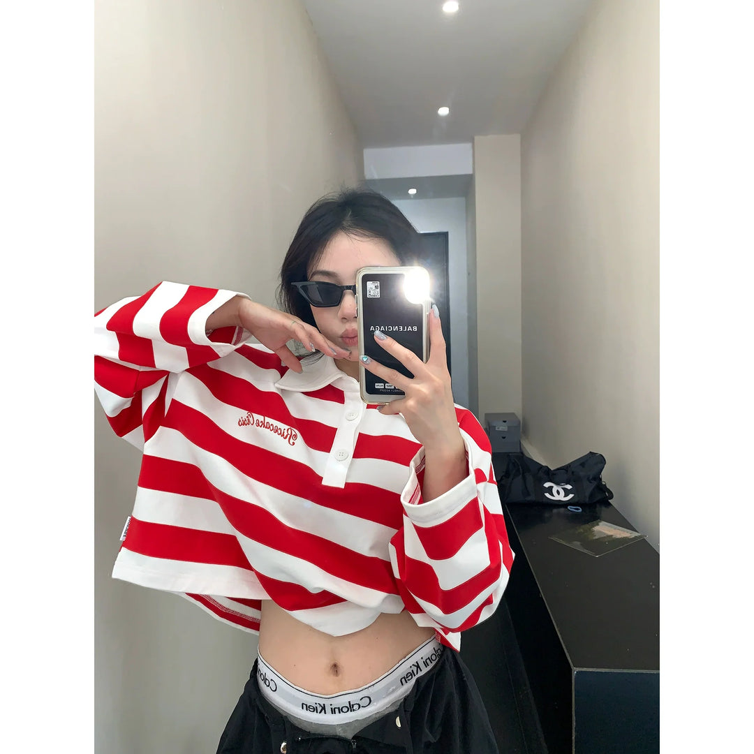 Striped Polo Collar Long Sleeve Top