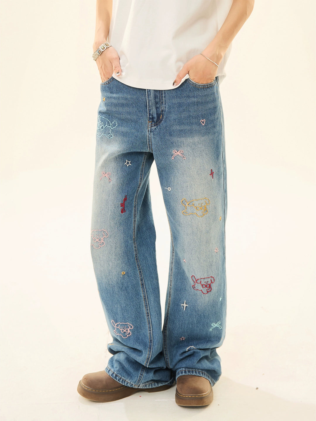 Embroidered Wide-Leg Denim Pants