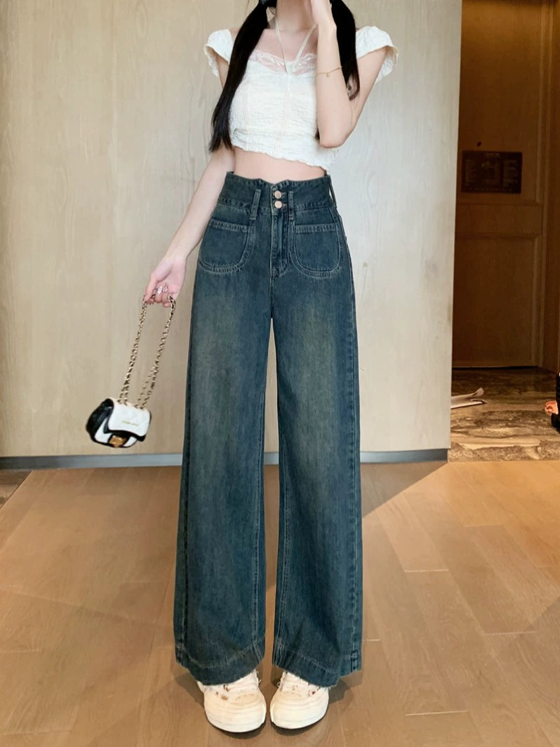 Button Closure Wide-Leg Denim Pants
