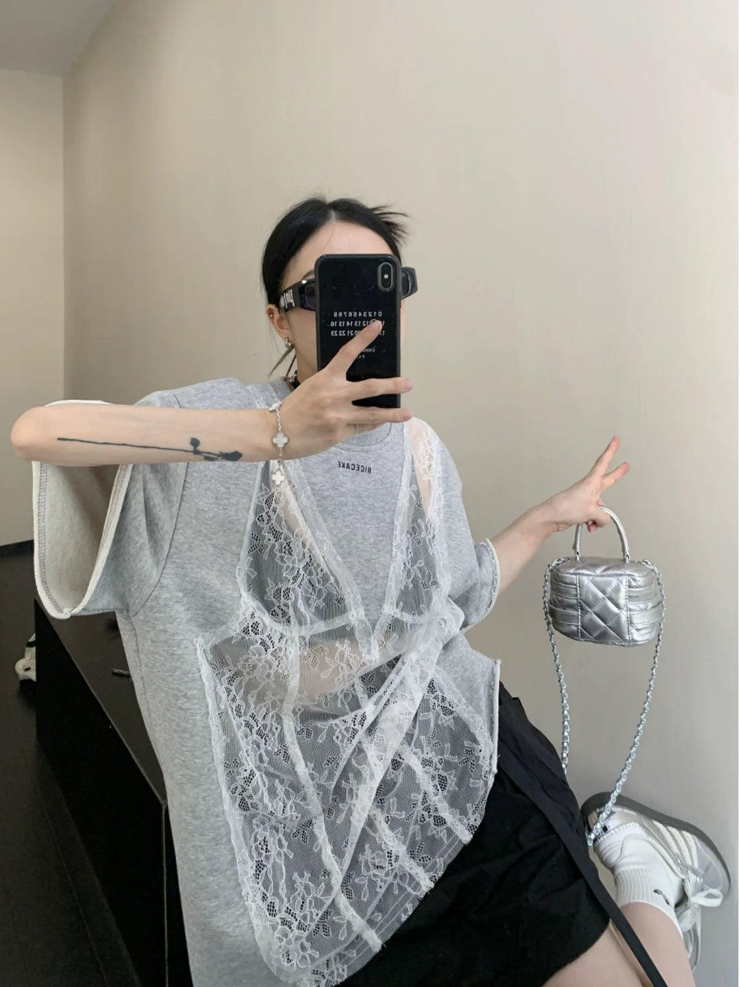 Mesh Lace Overlay Short Sleeve T-shirt