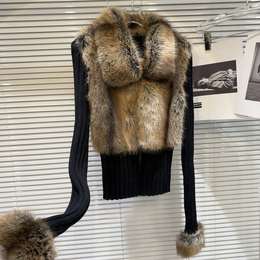 Ribbed Knit Faux Fur Trim Wool Sweater