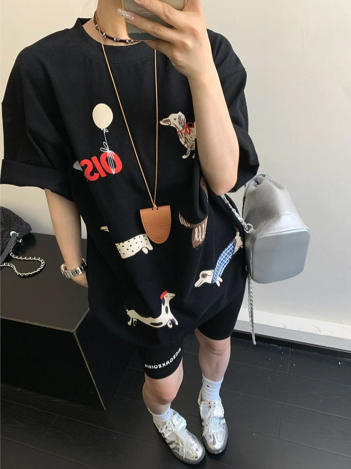 Cartoon Dog Cotton Loose Fit T-shirt