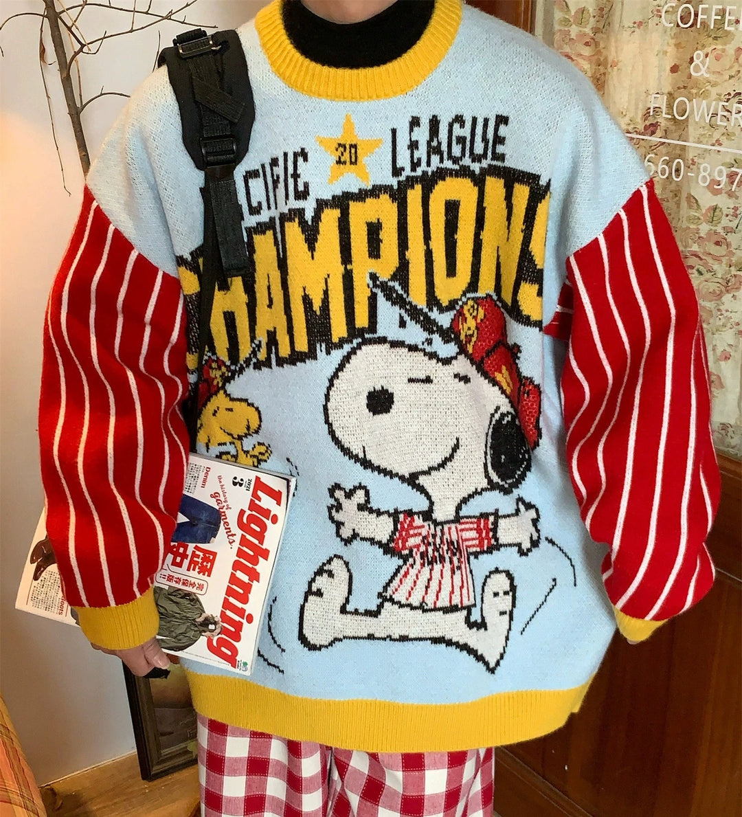 Striped Sleeves Cartoon Graphic Sweater