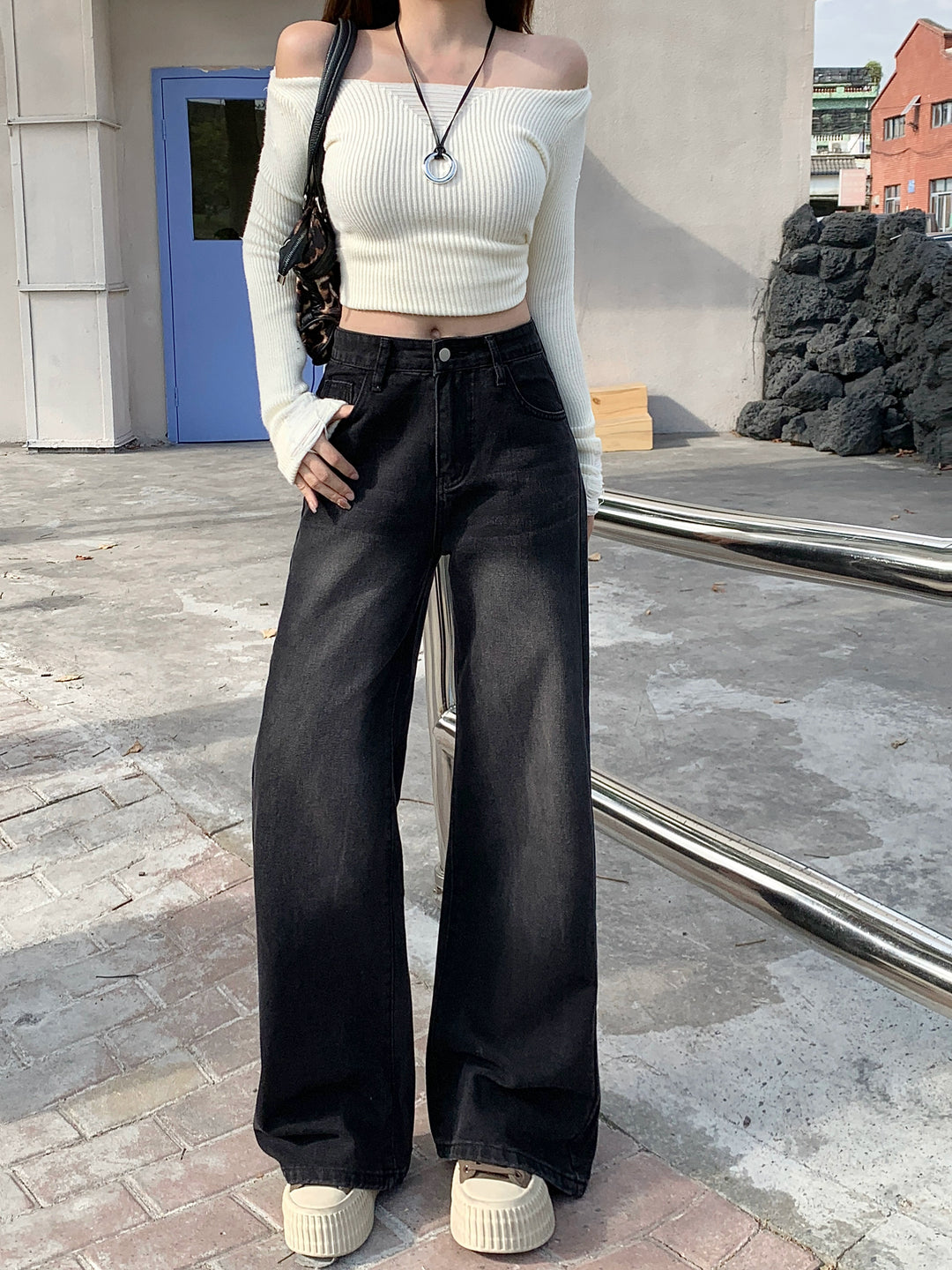 Wide-Leg High-Waisted Denim Pants