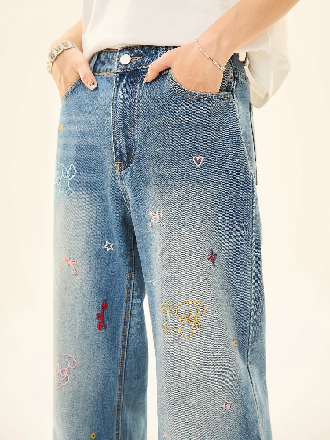 Embroidered Wide-Leg Denim Pants