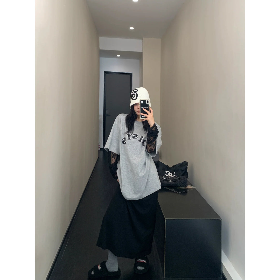 Loose Turtleneck Top with Lace Sleeves