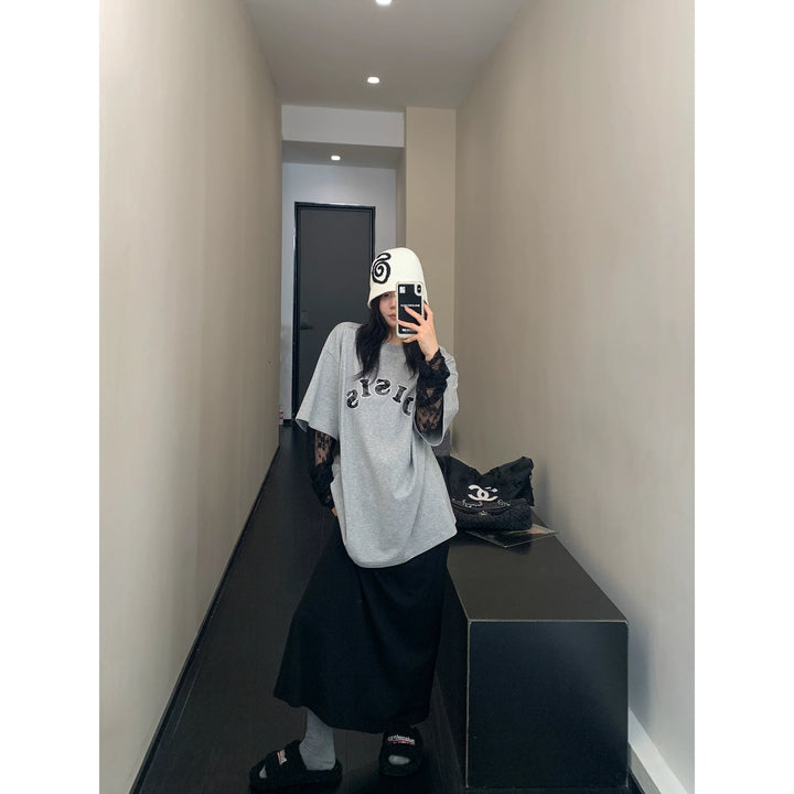 Loose Turtleneck Top with Lace Sleeves
