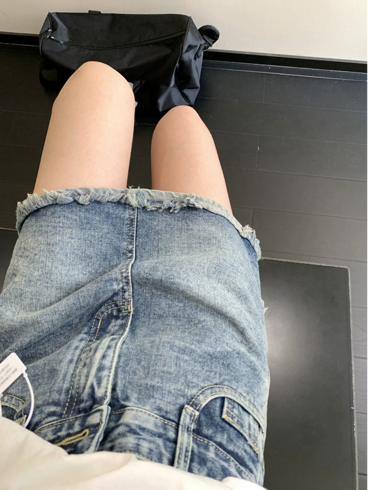 A-line Denim Skirt with Raw Hem