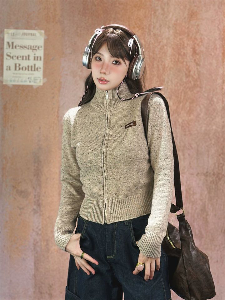 High Collar Zipper Front Wool Sweater