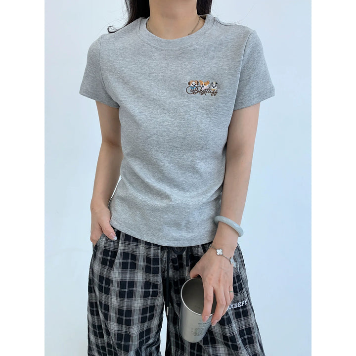 Cartoon Embroidery Casual Slim Fit T-Shirt