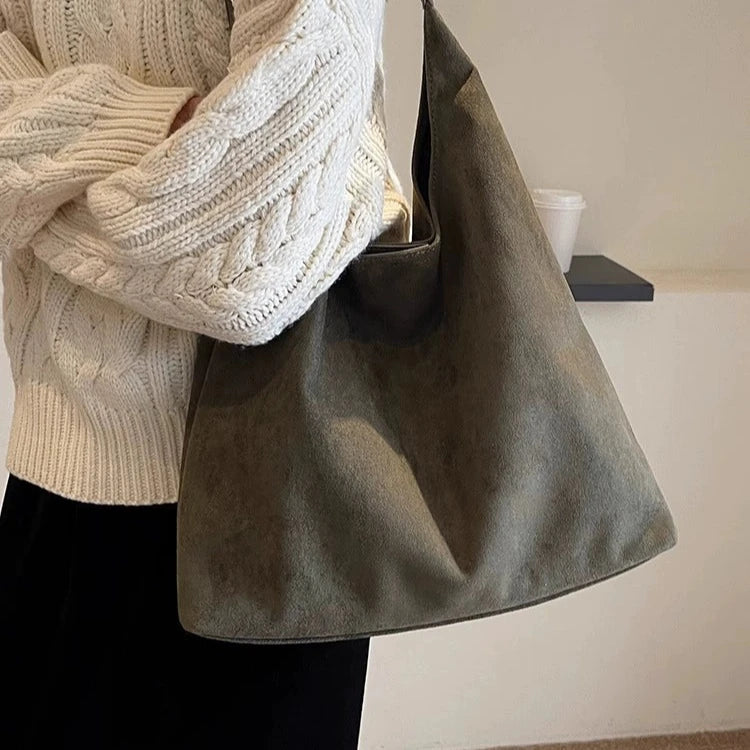 Leather Handle Suede Tote Bag