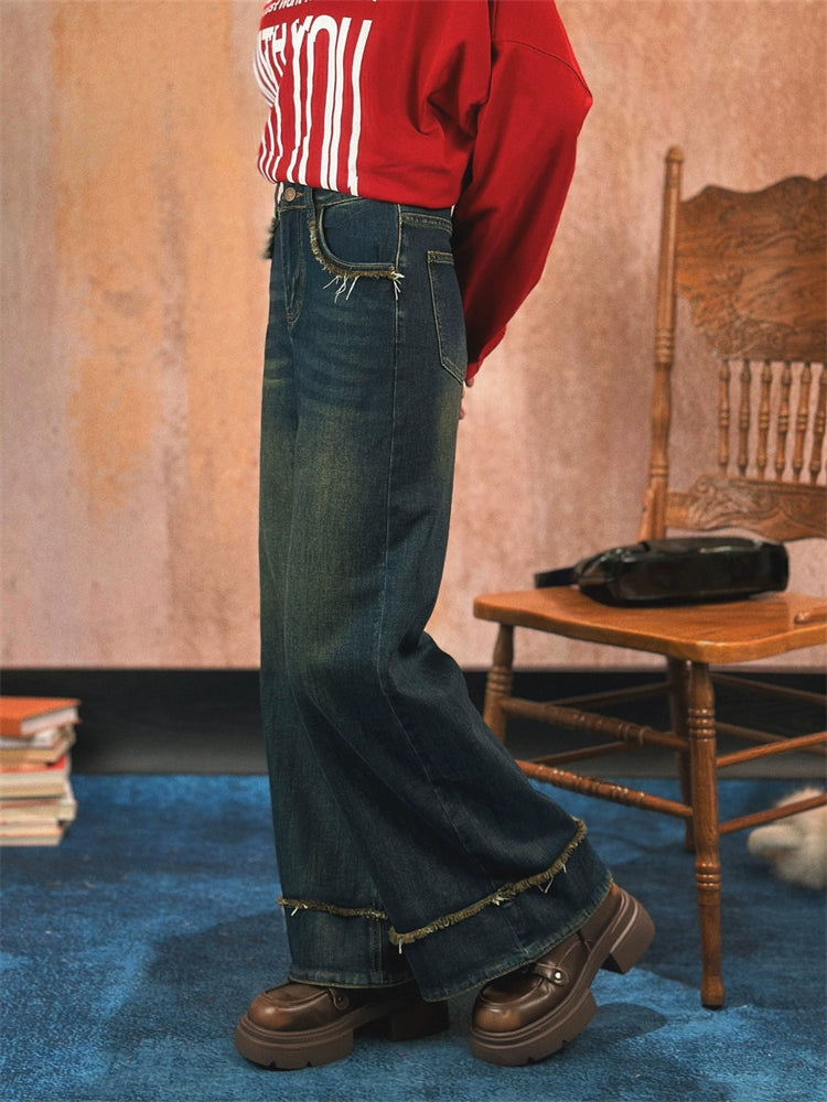 Wide Leg Frayed Hem Denim Pants