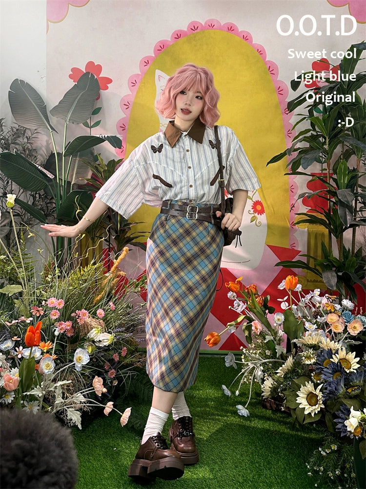 Butterfly Patterned Striped Shirt