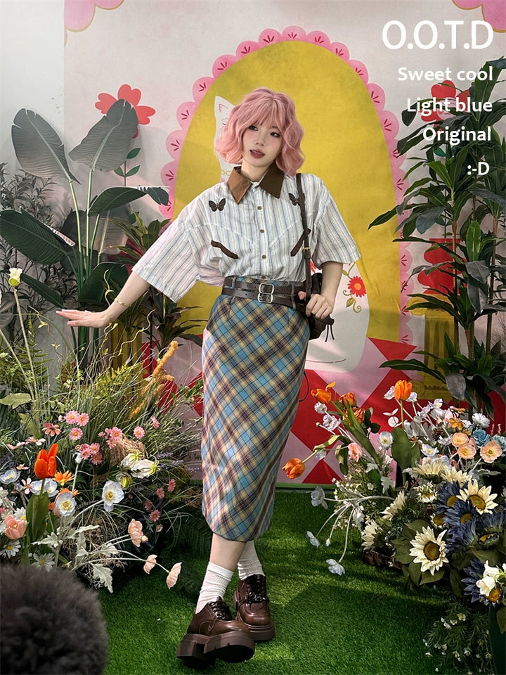 Butterfly Patterned Striped Shirt