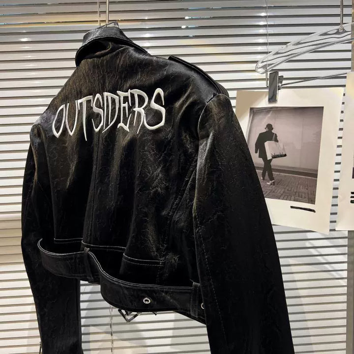 'Outsiders' Print Zipper Leather Jacket