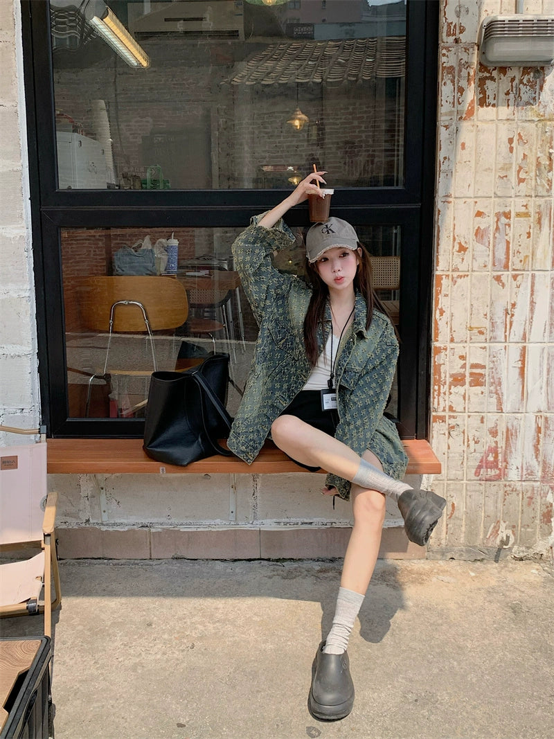 Oversized Patterned Denim Short Coat
