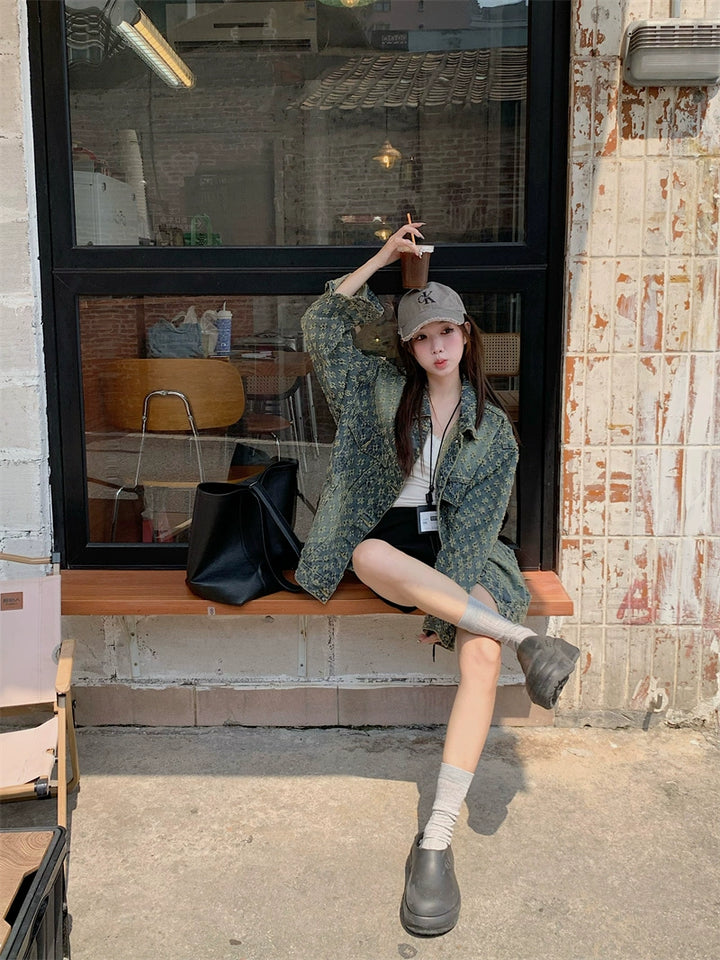 Oversized Patterned Denim Short Coat
