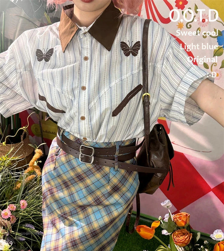 Butterfly Patterned Striped Shirt