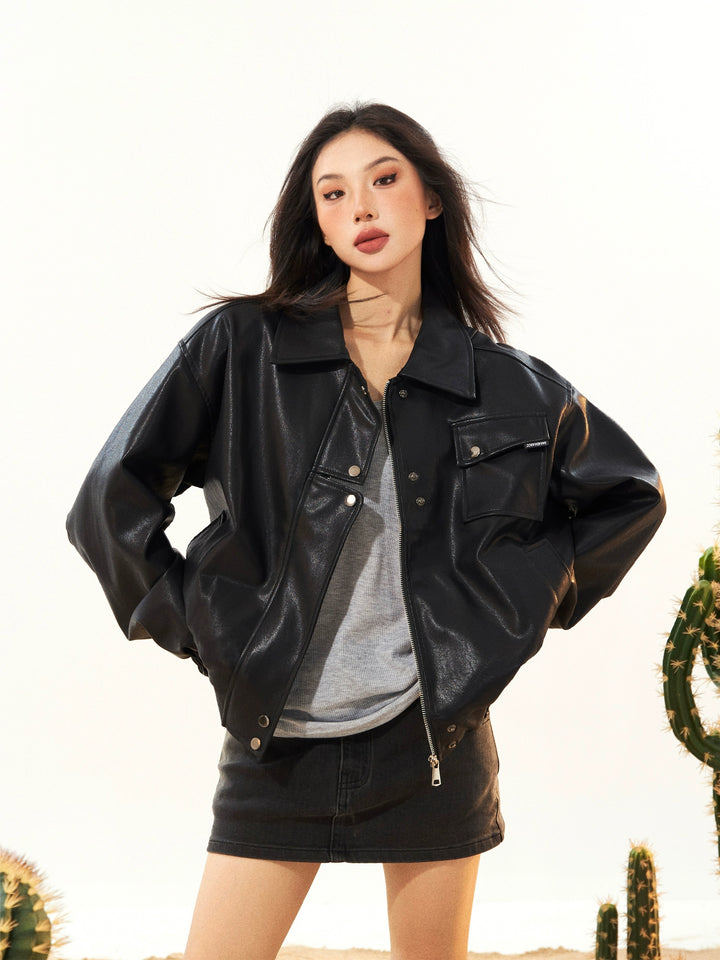 Snap Buttons Classic Leather Jacket