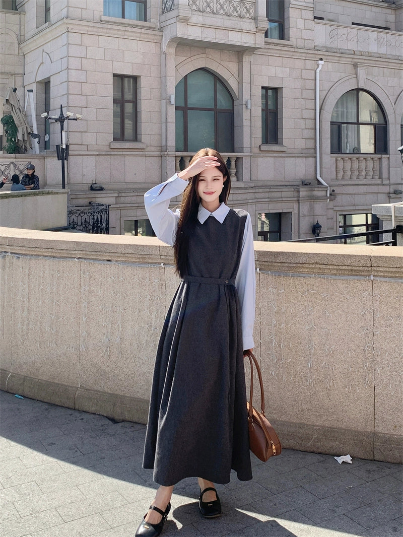 Retro Long Sleeve Faux Two-piece Dress