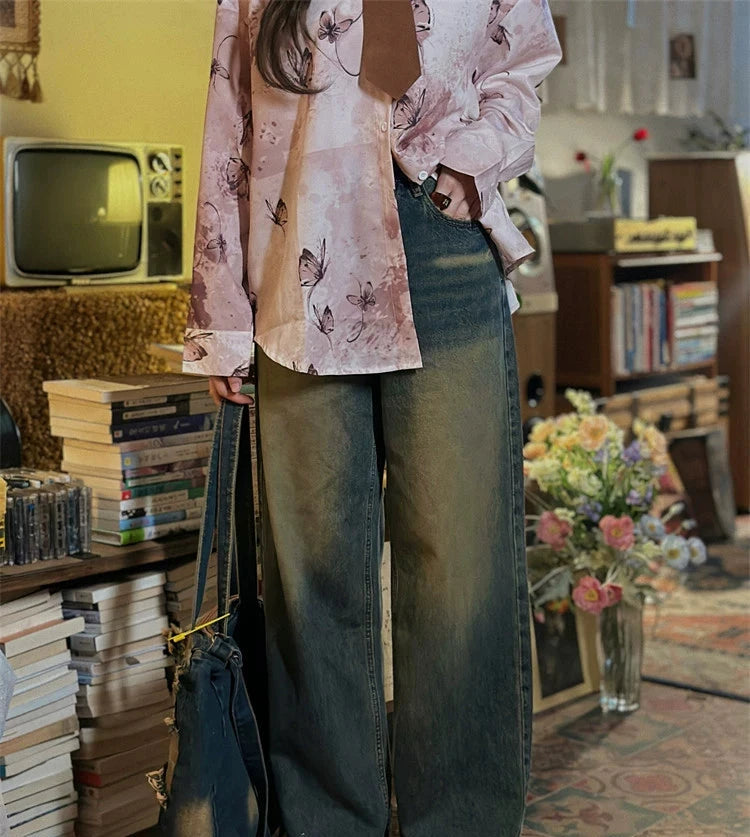 Vintage Washed Wide-Leg Denim Pants