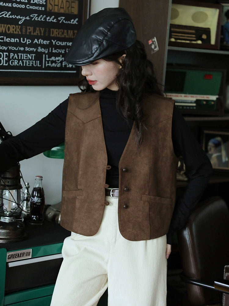 Suede Button-Up Pockets Vest