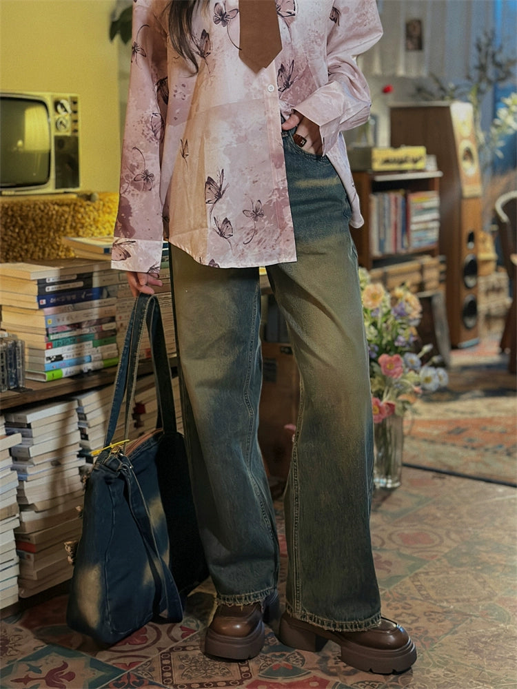 Vintage Washed Wide-Leg Denim Pants
