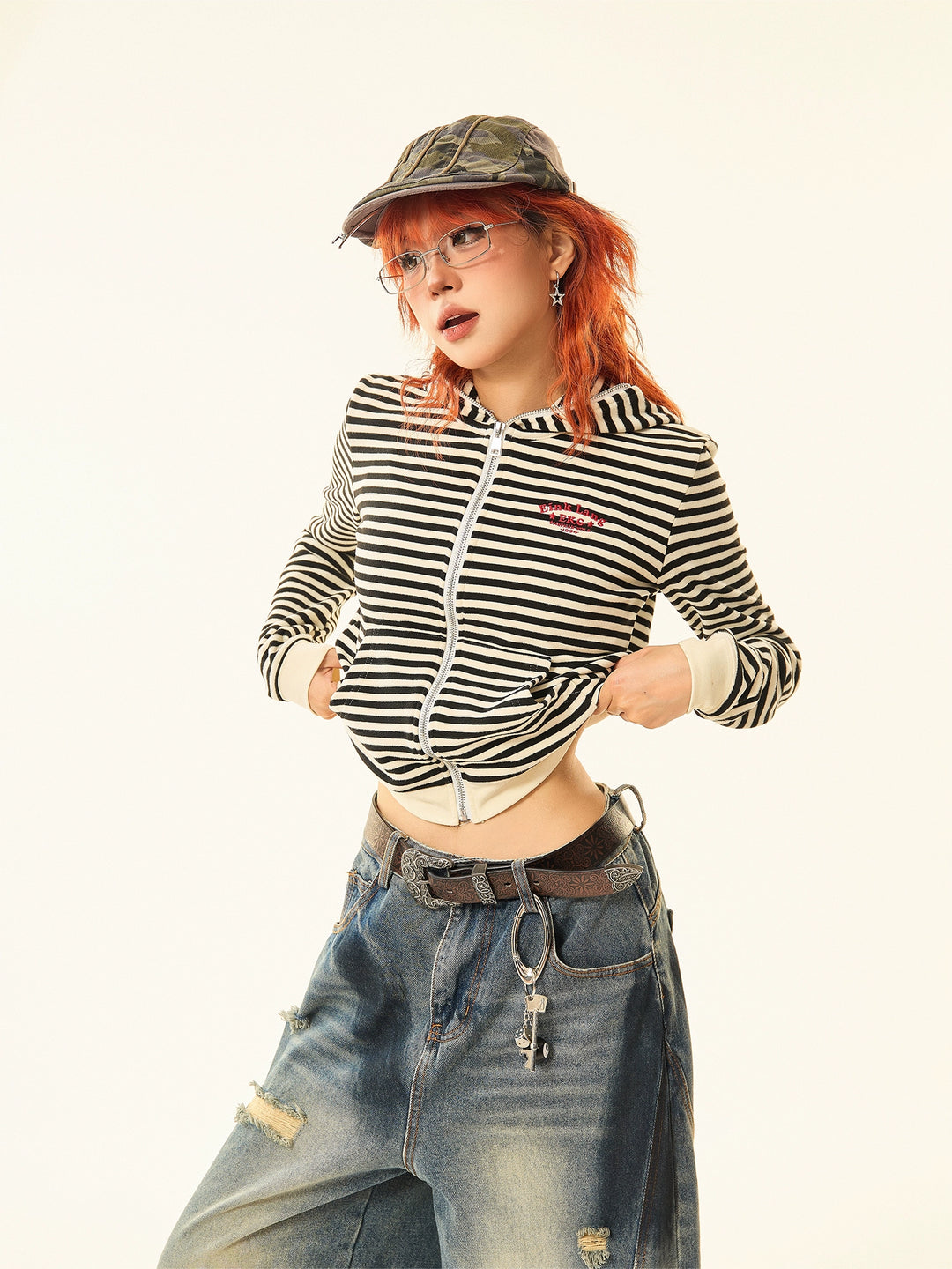 Striped Ears Hooded Zip-Up Sweatshirt