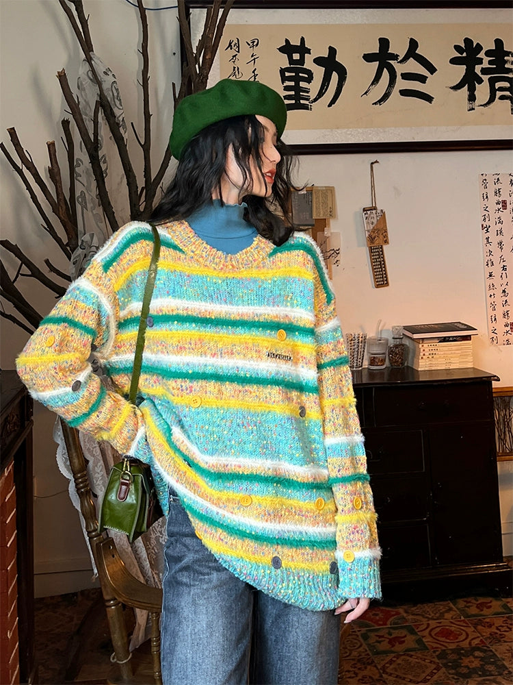 Button Accents Striped Wool Sweater