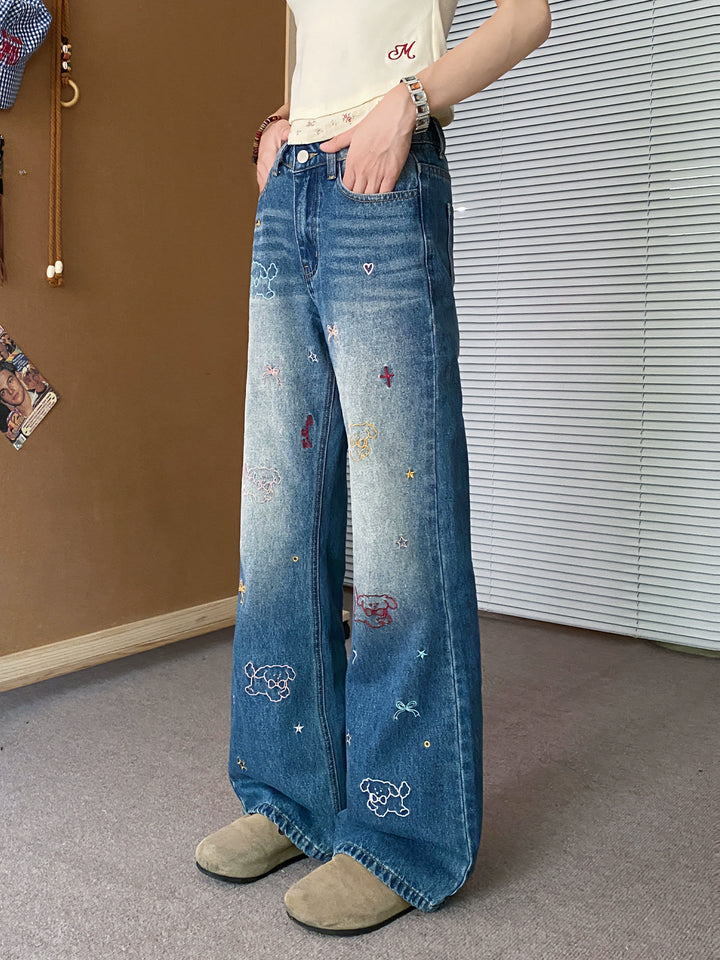 Embroidered Wide-Leg Jeans with Graphic Accents