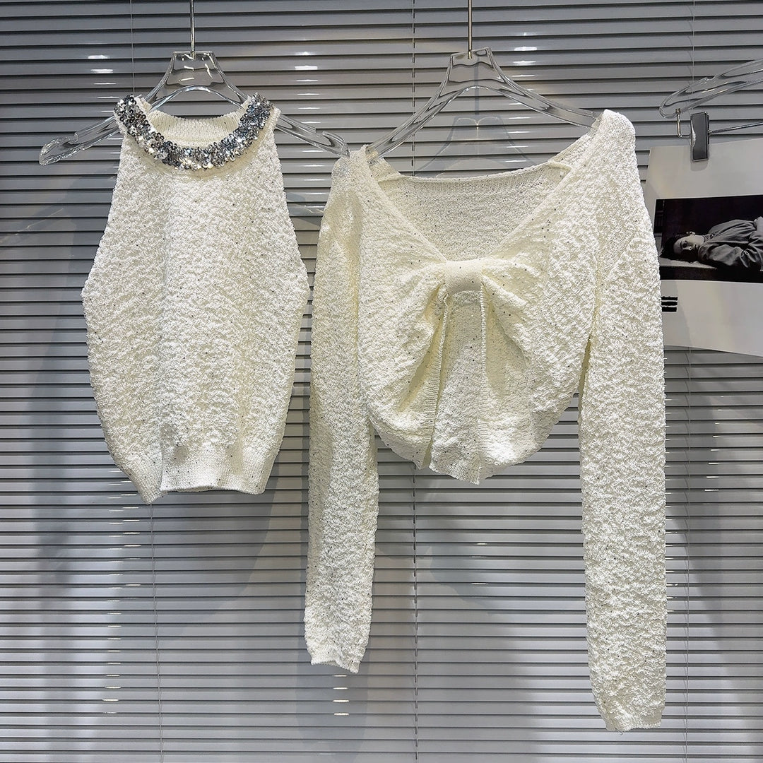 Sequined Halter Vest Bowknot Sweater Set