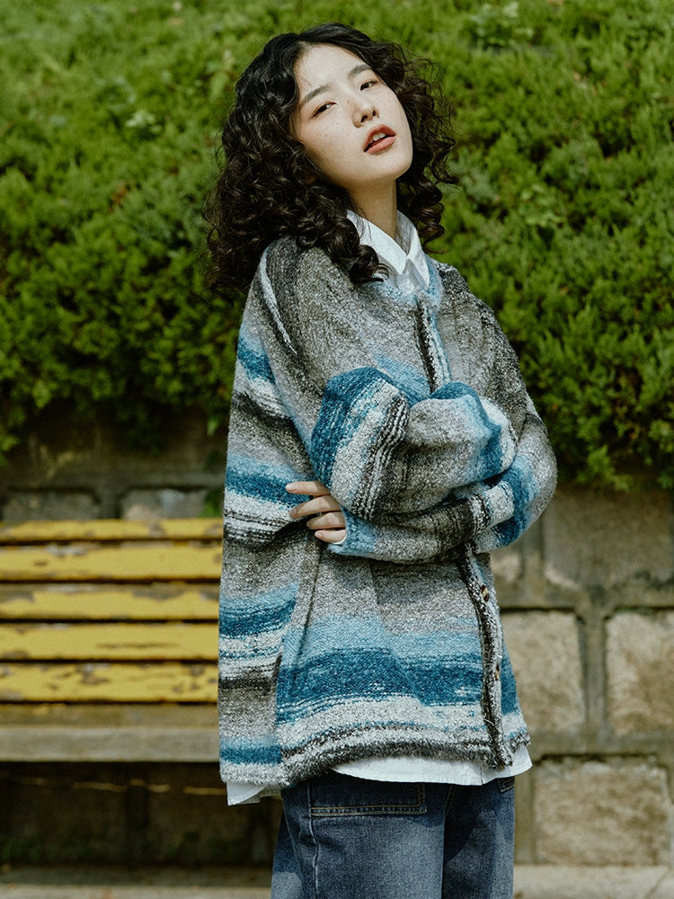 Button Front Striped Knit Sweater